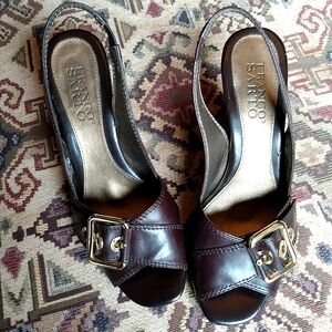 Franco Sarto Leather Peeptoe Slingback Heels with Buckle Detail